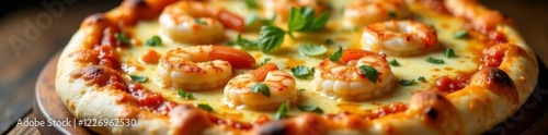 Shrimp scampi pizza with a crispy crust and cheese, toppings, delicious