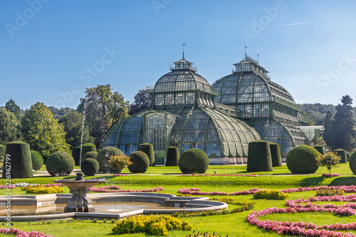Palmenhaus building at Schonbrunn gardens. (Palm house) Constructed of iron and glass photo
