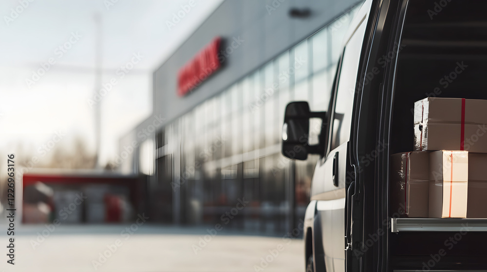 A delivery truck parked in front of a large store, with the vehicle prominently displayed against the retail backdrop, emphasizing the role of logistics in commercial activities.
