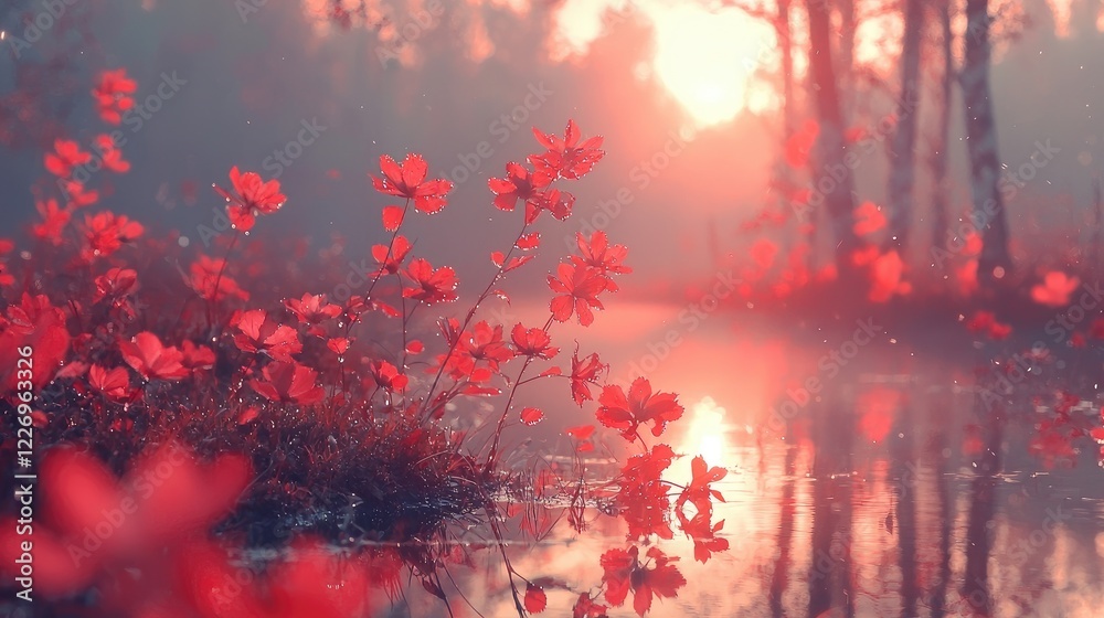 Fototapeta premium Red flowers sunrise lake misty forest peaceful nature scene
