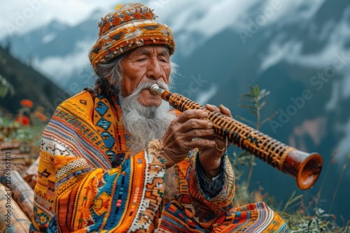 Ethnic Mountain Dweller in Traditional Clothing Playing Wooden Musical Instrument