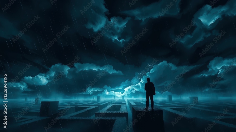 Fototapeta premium night sky, stormy clouds, lightning, silhouette, person standing, dramatic