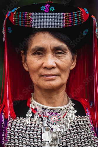 Woman from Lisu tribe in traditional attire with intricate silver jewelry and a colorful headdress photo