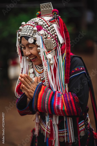 Woman in traditional Akha attire, smiling with hands in prayer. Thailand photo