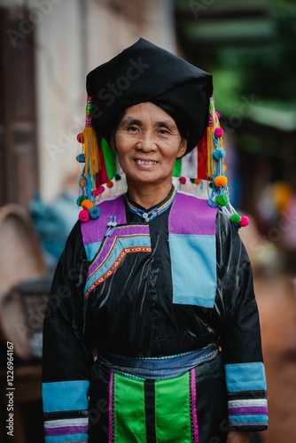 Woman from the Lisu tribe wearing a traditional ethnic tribal dress. Thailand photo