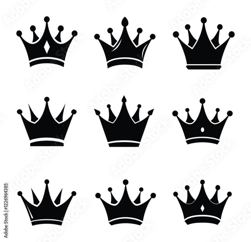 Set of nine vector black silhouettes of crowns isolated on a white background. 