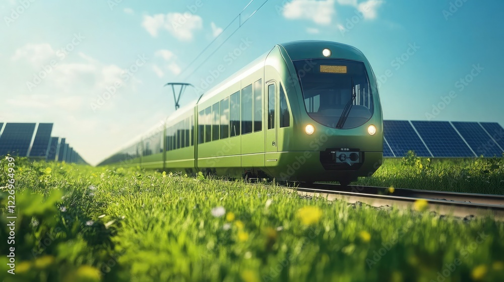 Naklejka premium Green train travels through lush landscape and solar panels under a bright sky