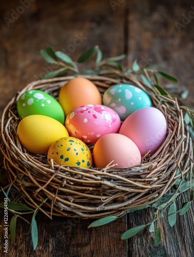 A basket of colorful eggs with a green leaf in the background. The eggs are arranged in a circle, with some of them being larger than others. The basket is placed on a wooden surface