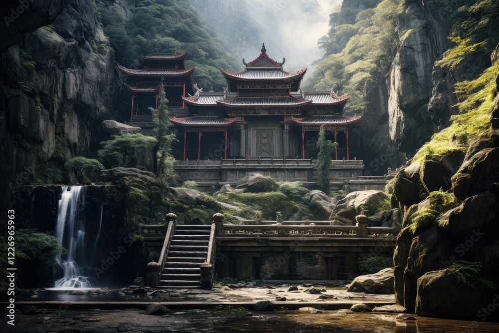 Fototapeta premium A tranquil Buddhist temple nestled in the majestic mountains features elegant architecture and flowing waterfalls, embodying serenity in nature's calm embrace