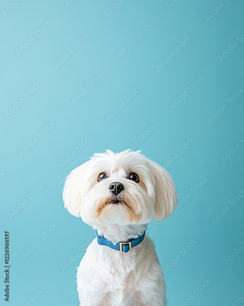 White Maltese Dog on a Blue Background White Maltese Dog on a Blue Background