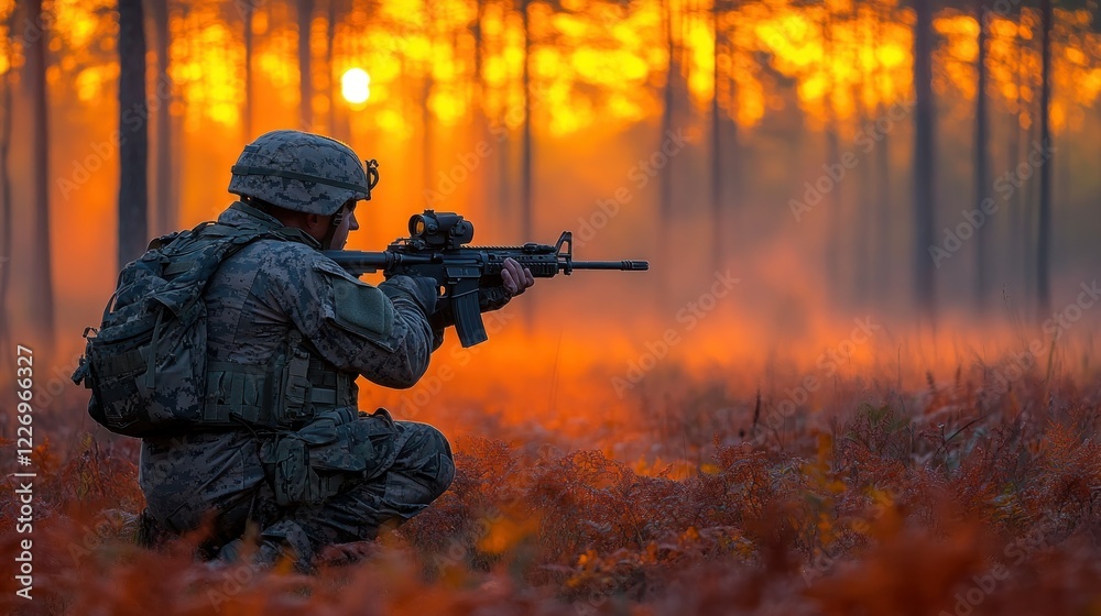 Fototapeta premium Soldier aiming rifle, sunset forest, combat training