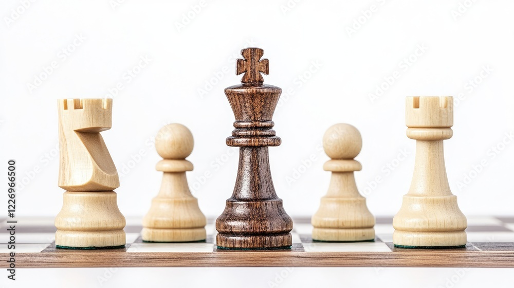Chess Pieces on a Board with a Central King Surrounded by Rooks and Pawns in White Background Chess Pieces on a Board with a Central King Surrounded by Rooks and Pawns in White Background