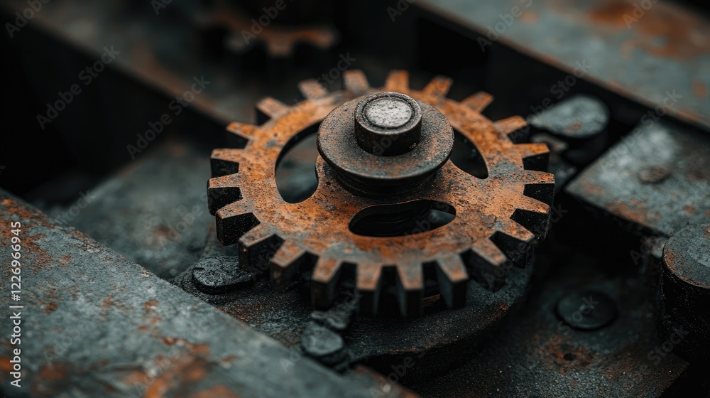 Close-Up of Rusty Gear Mechanism Highlighting Aged Detailed Metal Texture in Industrial Setting Close-Up of Rusty Gear Mechanism Highlighting Aged Detailed Metal Texture in Industrial Setting