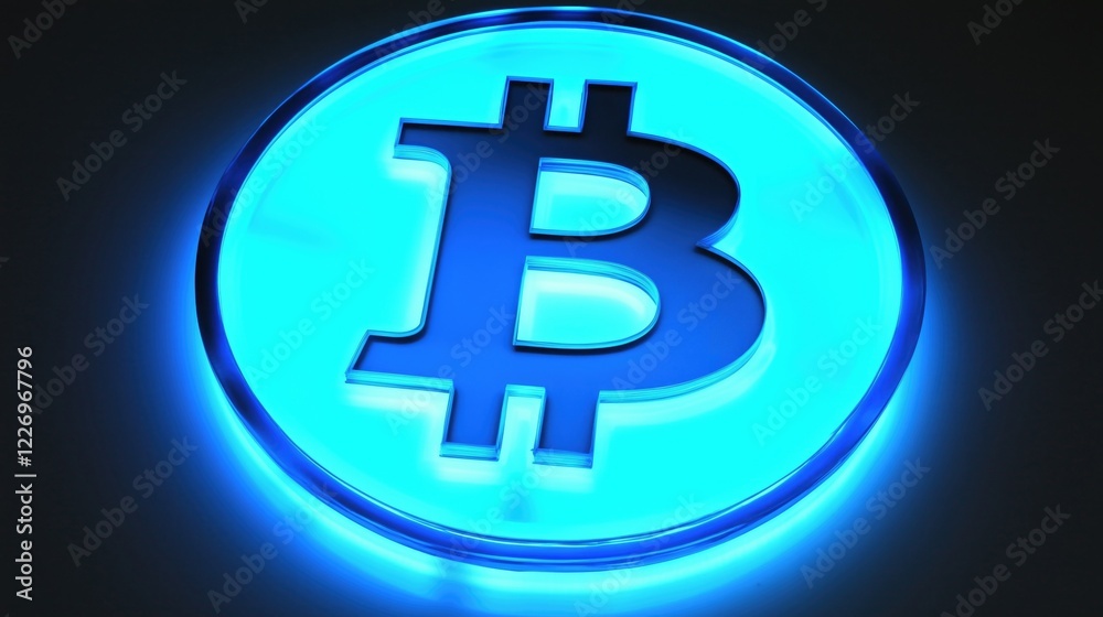 Illuminated blue Bitcoin symbol in a circular design, representing cryptocurrency and digital finance in a modern context. Illuminated blue Bitcoin symbol in a circular design, representing cryptocurrency and digital finance in a modern context.