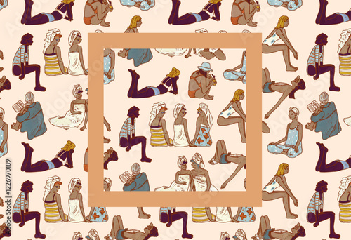 Women of different skin colors and ethnicities relax on the beach. Silhouettes of people in swimwear on vacation. Seamless pattern illustration hand drawn on white background