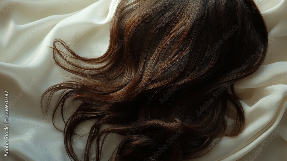 Fototapeta premium Beautiful model girl with Brown hair strand,silky healthy chestnut wavy hair strand,hair wavy ribbon, with smooth,Keratin straightening,Treatment,straight long hair,procedures,Smooth hairstyle.