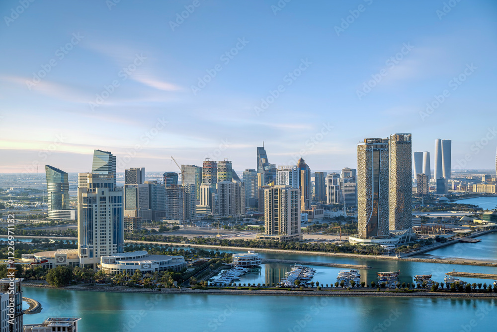 Fototapeta premium Lusail, Qatar - December 20, 2024: Aerial View of Modern Lusail Skyline. katara tower Lusail Marina 