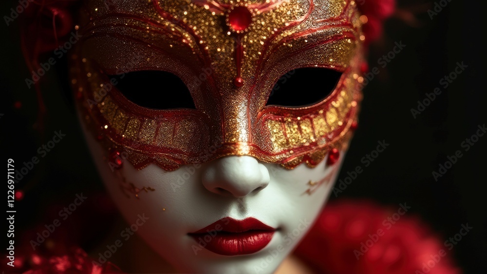 Female in ornate red mask with gold details, close-up portrait
