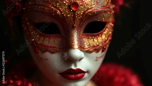 Wallpaper Mural Female in ornate red mask with gold details, close-up portrait Torontodigital.ca