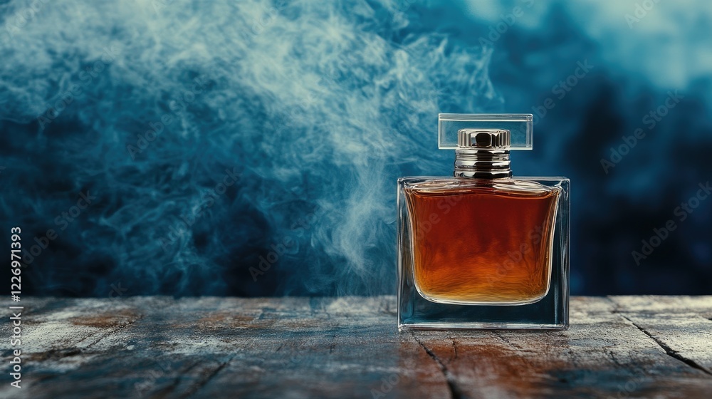 Elegant Perfume Bottle Surrounded by Wispy Smoke on a Wooden Surface Evoking Luxury and Mystery Elegant Perfume Bottle Surrounded by Wispy Smoke on a Wooden Surface Evoking Luxury and Mystery