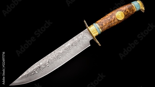 Exquisite Handmade Knife with Intricate Blade Design and Elegant Wooden Handle photo