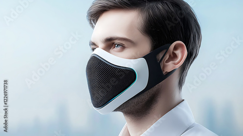 Futuristic antipollution mask design urban cityscape technology showcase modern environment close-up view health and safety concept photo