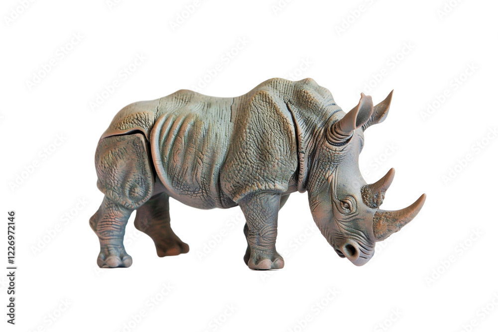 Obraz premium Rhino Toy Figurine Featuring Realistic Details on a Clean White Background