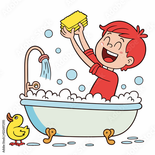 Joyful Boy Bathtub Fun Time with Rubber Duck