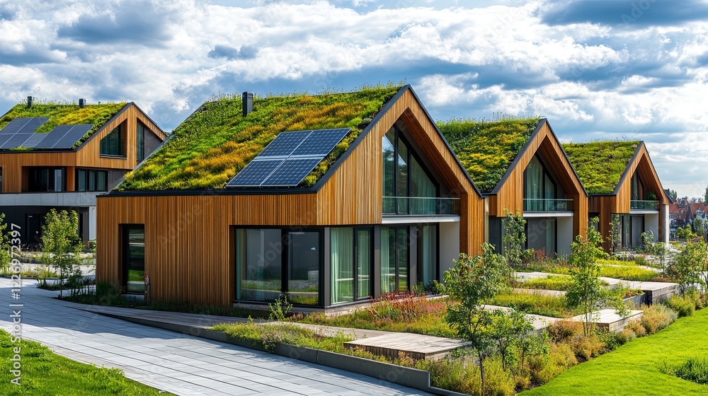 A row of newly built eco-friendly houses with green roofs and solar panels. picture A row of newly built eco-friendly houses with green roofs and solar panels. picture