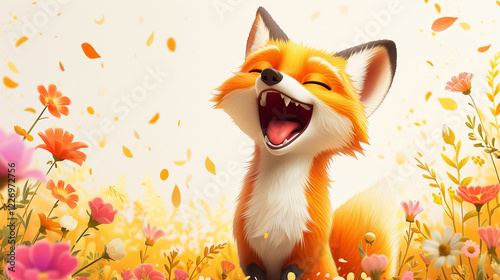 Playful Fox Among Blooming Flowers
