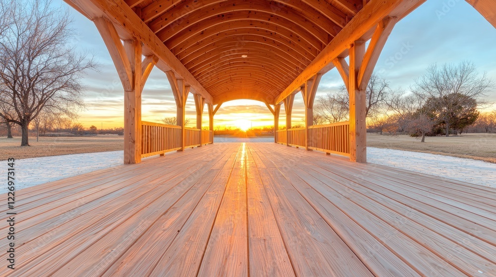 Fototapeta premium Sunset view through wooden bridge, park landscape, winter evening