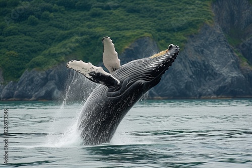 Witness a majestic humpback whale breaching in the pristine waters of Alaska during an unforgettable whale watching boat excursion in summer photo