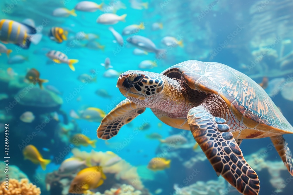 Obraz premium A stunning turtle gracefully swims among colorful fishes in a vibrant coral reef, showcasing the beauty of underwater life in a tropical ocean environment during daylight