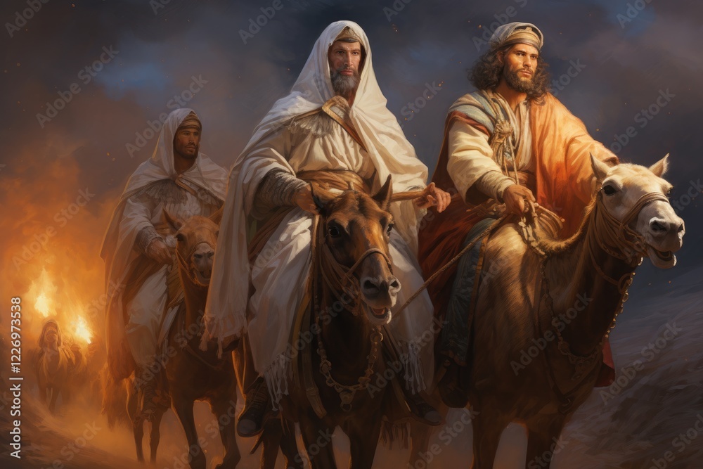 Three Kings journey under the guiding star toward Bethlehem, bringing gifts to honor the newborn Messiah during the night in a mystical setting Three Kings journey under the guiding star toward Bethlehem, bringing gifts to honor the newborn Messiah during the night in a mystical setting