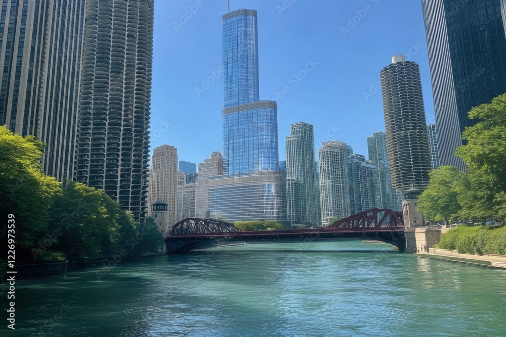 Naklejka premium A stunning skyline showcases sleek modern skyscrapers rising majestically alongside a glistening river on a bright, sunny day in a vibrant urban city