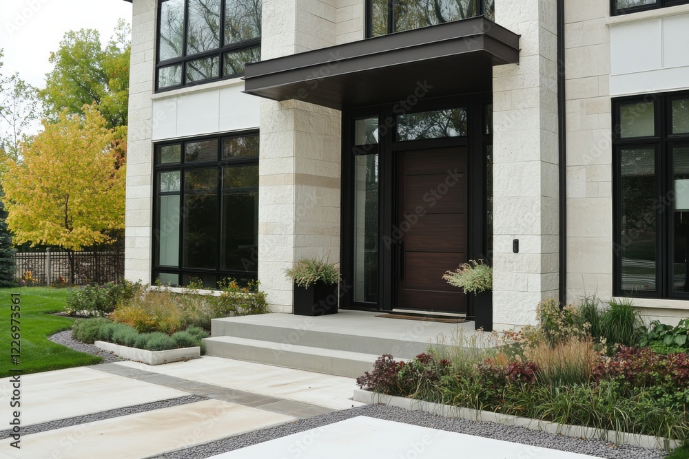 The contemporary architectural design of a chic home entrance is beautifully complemented by an autumn landscape garden, featuring stunning, vibrant foliage The contemporary architectural design of a chic home entrance is beautifully complemented by an autumn landscape garden, featuring stunning, vibrant foliage