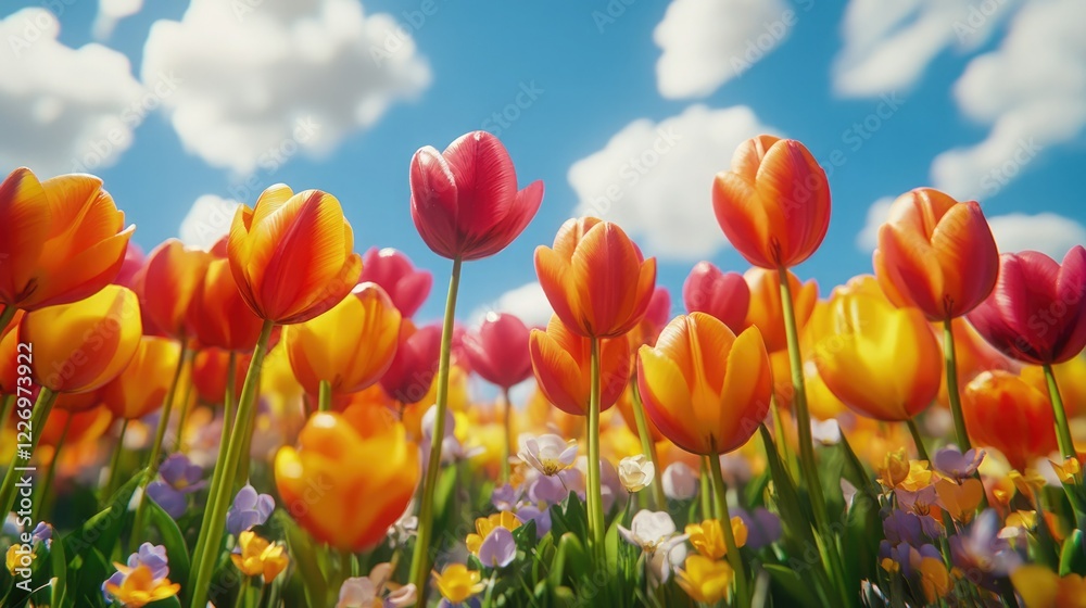 Fototapeta premium Colorful tulip garden blooms under a blue sky with fluffy clouds on a sunny day in spring