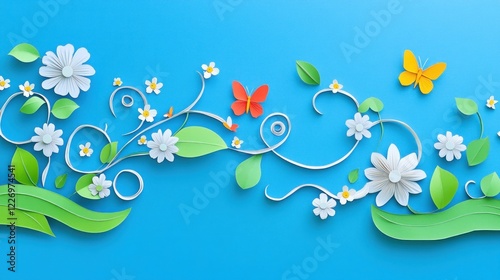 Paper flowers, butterflies, spring design, blue background, website banner