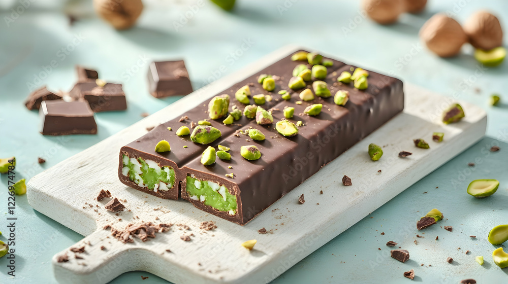 Chocolate bars with pistachios on cutting board