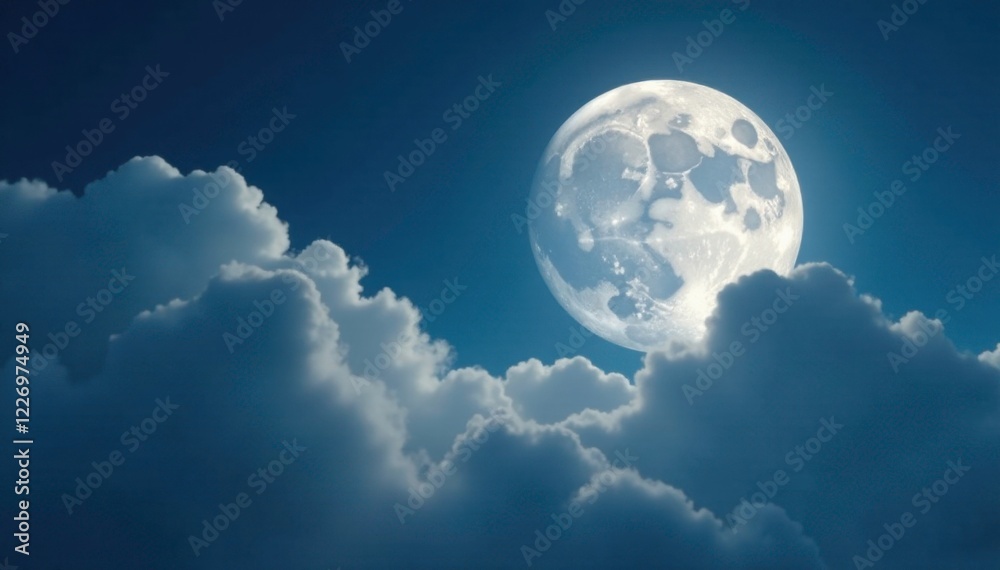 Obraz premium Silver glow of the moon amidst puffy white clouds, soft, gentle