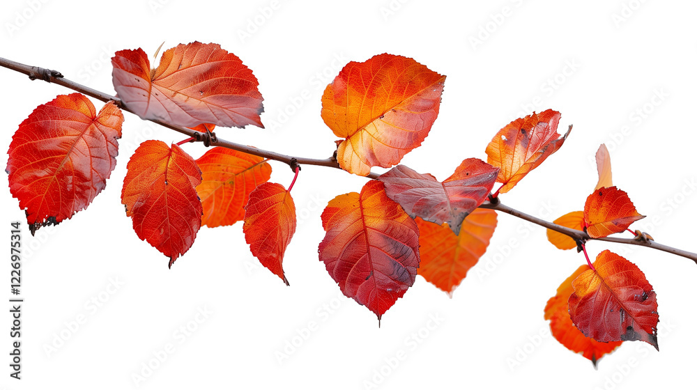 Fototapeta premium Beautiful Red and Orange Autumn Foliage on a Branch Isolated on a White Background Creating a Vibrant Seasonal Feel