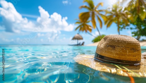 Primo piano cappello di paglia che galleggia in acqua in una isola esotica