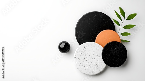 Abstract Minimalist Composition with Black, White, and Orange Circles and Sphere