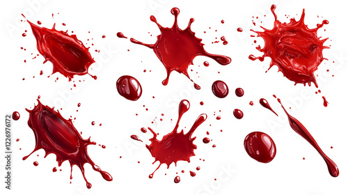 Realistic Blood Splatters and Droplets Isolated on a Transparent Background Perfect for Graphic Design and Horror Themes