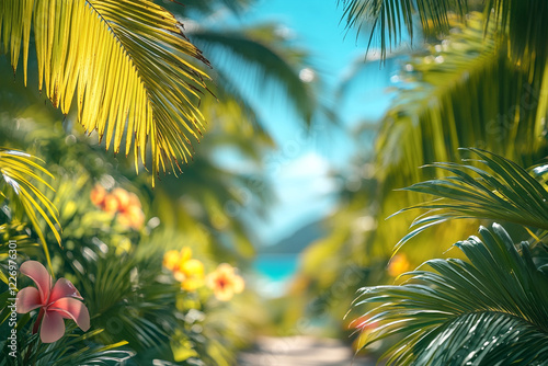 Lush Tropical Paradise Path Palm Trees Flowers