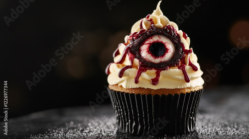 Halloween holiday sweet dessert or monster cupcake, vector cartoon icon. Halloween horror night holiday and trick or treat party sweet candy muffin with zombie monster eye for pastry sweet food