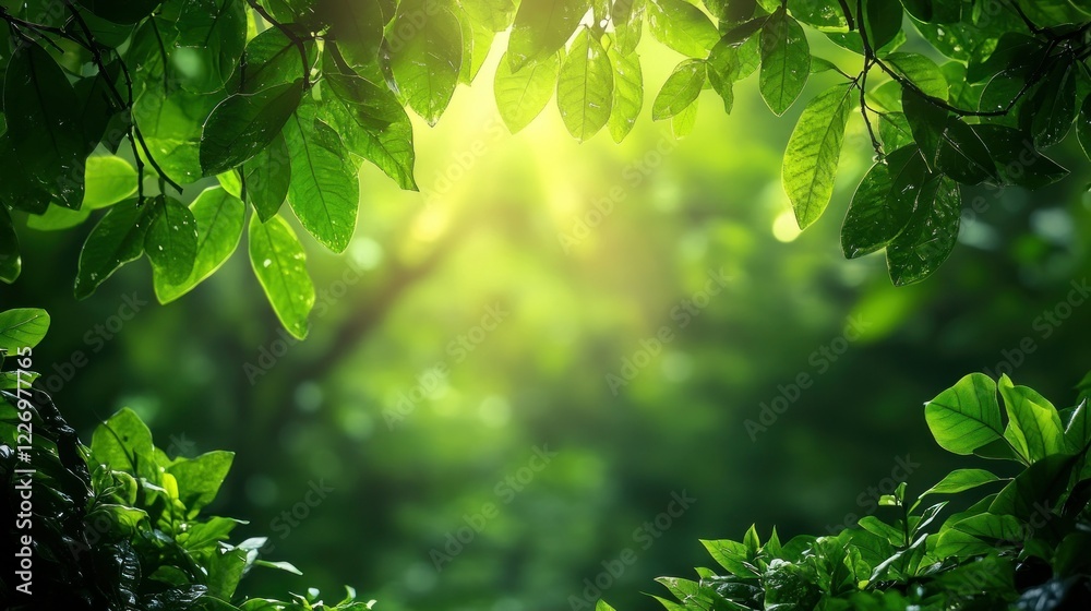 Sunlight through lush green leaves, forest background, nature banner
