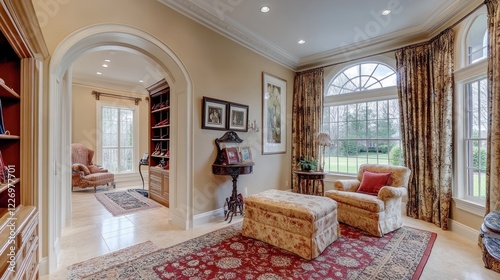 Luxurious home library, arched doorway, garden view, real estate listing
