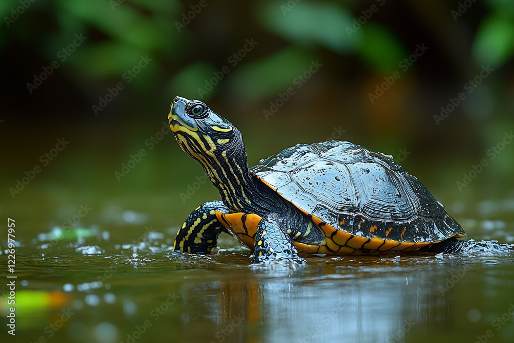 Yellow Bellied Slider Turtle In Aquatic Habitat Yellow Bellied Slider Turtle In Aquatic Habitat