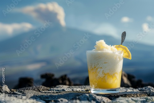 Tazza di granita al limone con un cucchiaio d'argento, servita su una terrazza in pietra lavica. Sullo sfondo, il vulcano Etna con una leggera colonna di fumo che sale photo